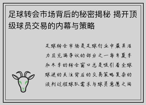 足球转会市场背后的秘密揭秘 揭开顶级球员交易的内幕与策略