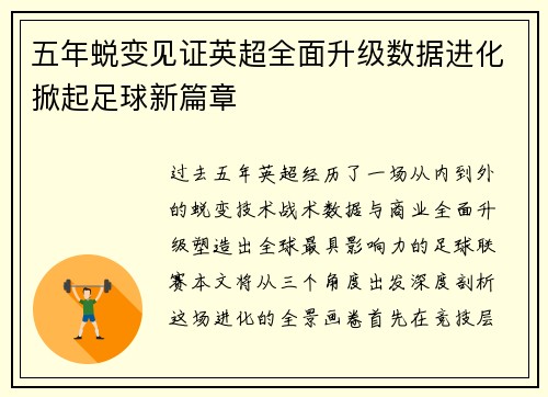 五年蜕变见证英超全面升级数据进化掀起足球新篇章