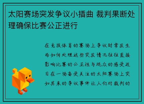 太阳赛场突发争议小插曲 裁判果断处理确保比赛公正进行